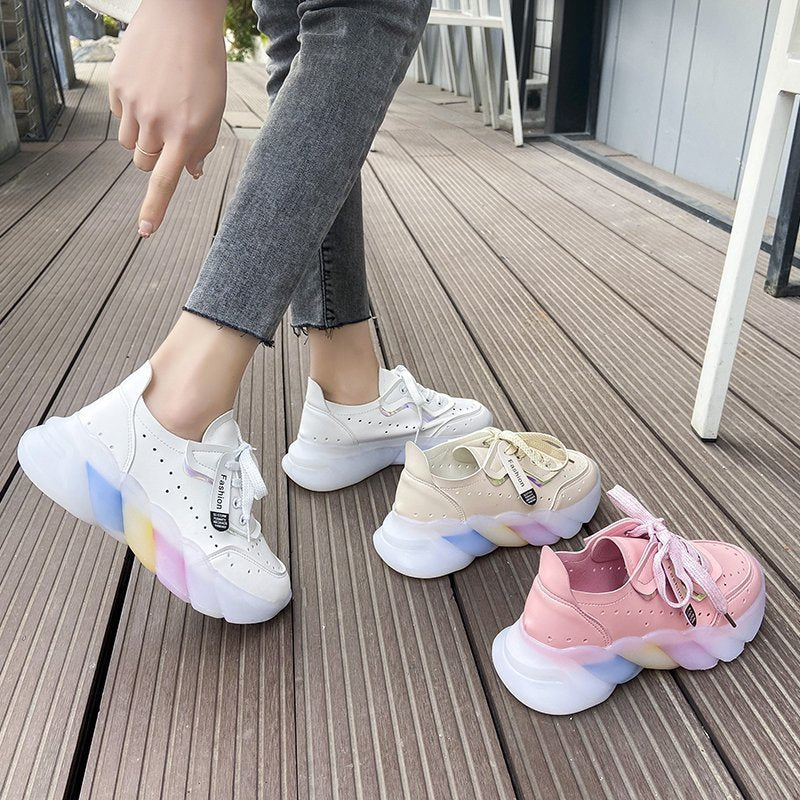 Spring Women Vulcanize Shoes Fashion PU Leather Round Toe Comfortable Women Casual Shoes Mesh Breathable Platform Sneakers